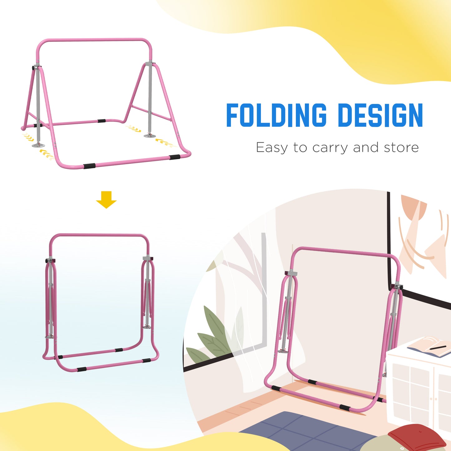 Kids Gymnastics Bar w/ Adjustable Height, Foldable Horizontal Bars, Pink