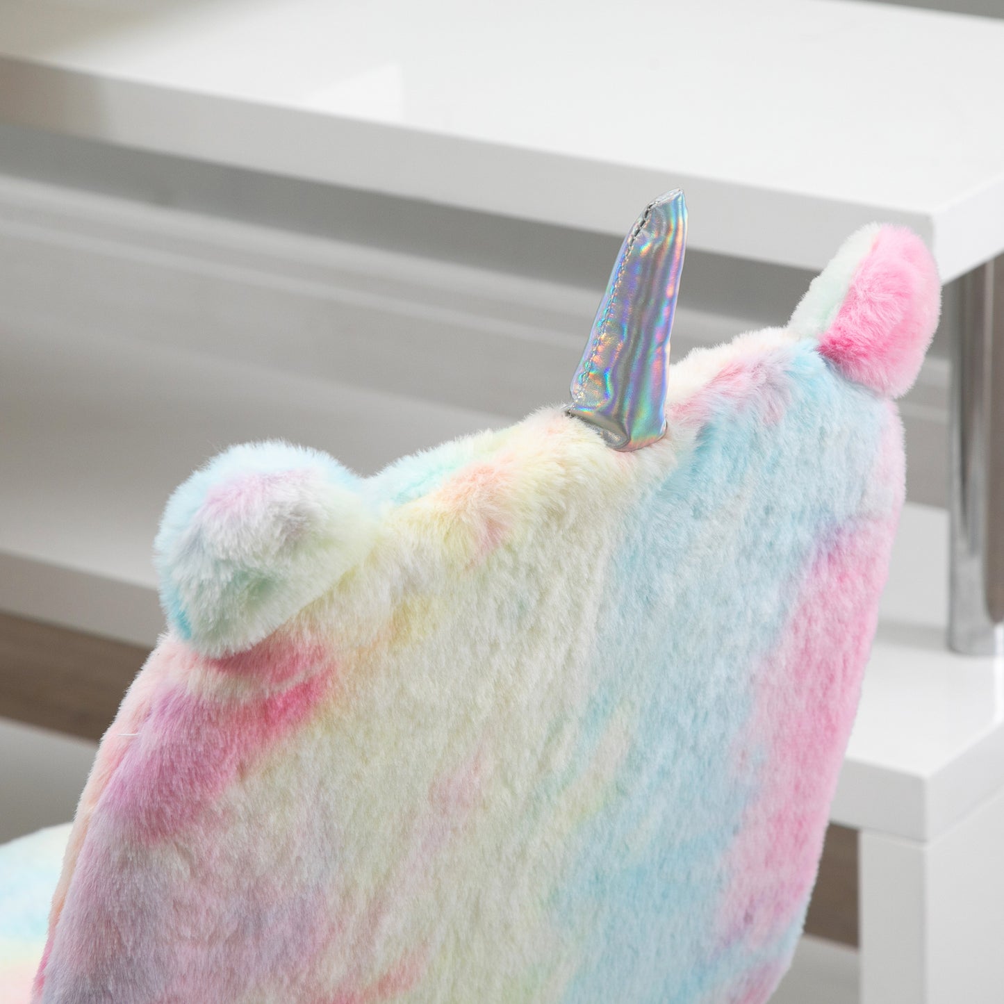 Fluffy Unicorn Office Chair | Armless Mid Back | Swivel | Sponge Padded Velvet | Adjustable Height 88-98cm | 5 Wheels | 120kg | Rainbow Multi-Colour