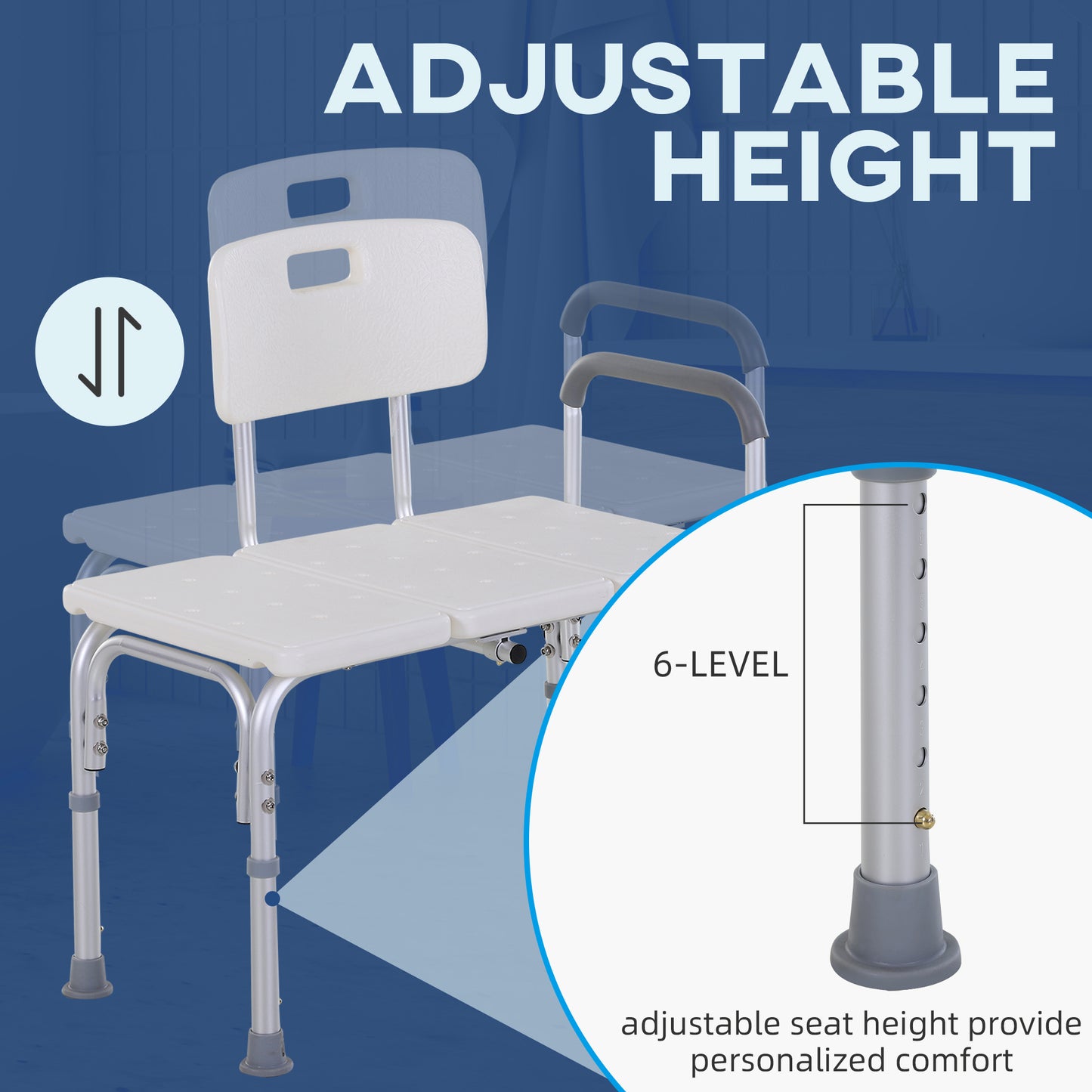 Height Adjustable Shower Chair Bath Bench With Armrest and Backrest - White
