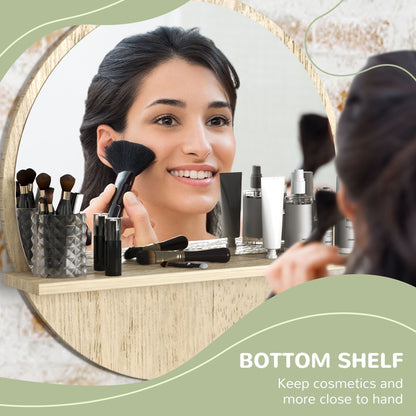 Kleankin 45cm Wall Mounted Bathroom Mirror, Round Mirror with Shelf, Framed Makeup Mirror for Home Decoration, Natural Wood Effect