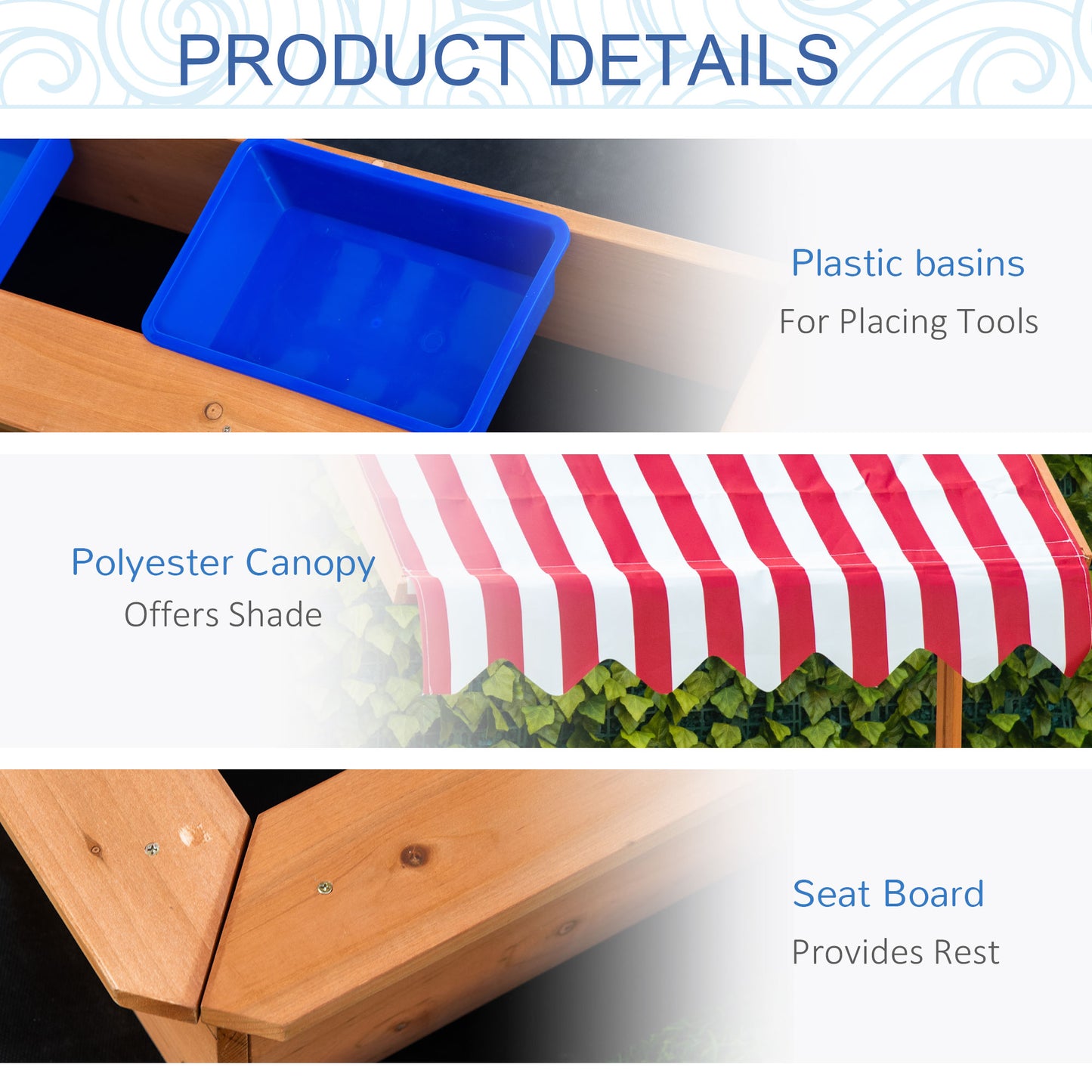 Outsunny Kids Wooden Sandbox, Children Sand Play Station Outdoor with Adjustable Height Cover, Bottom Liner, Seat, Plastic Basins, Aged 3-7 Years Old