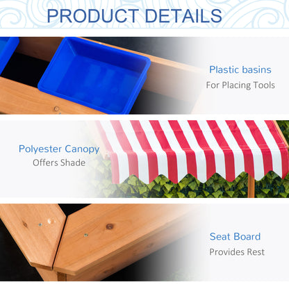 Outsunny Kids Wooden Sandbox, Children Sand Play Station Outdoor with Adjustable Height Cover, Bottom Liner, Seat, Plastic Basins, Aged 3-7 Years Old