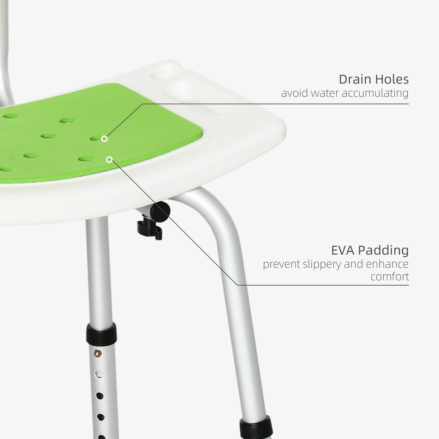 Shower Chair Seat Bathroom Stool 6-Level Height Adjustable With Backrest, Curved Seat - Green