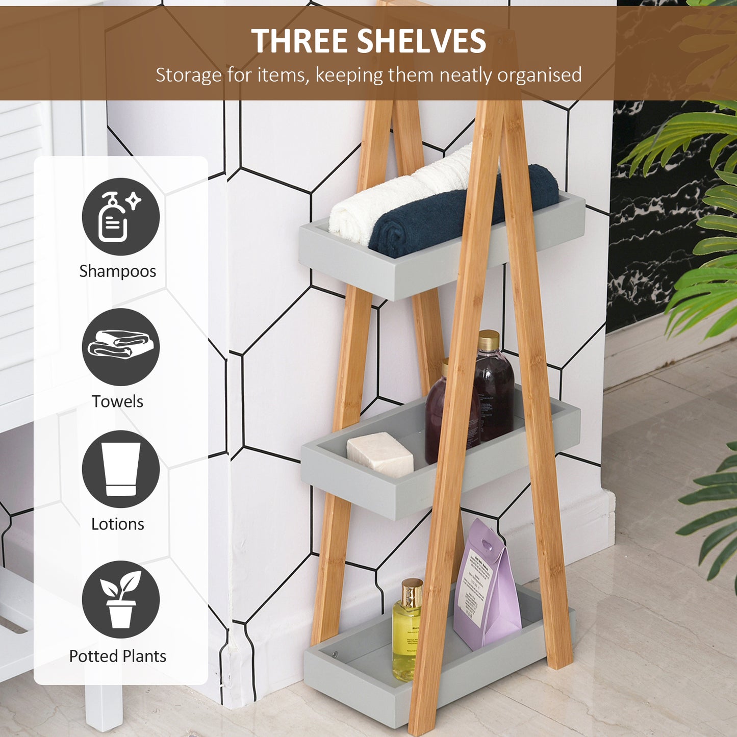Kleankin Bathroom Storage Shelves, 3-Tier Slim Shelving Unit, Freestanding Bamboo Shelf Unit, A Frame Space Saver Toilet Rack, Natural