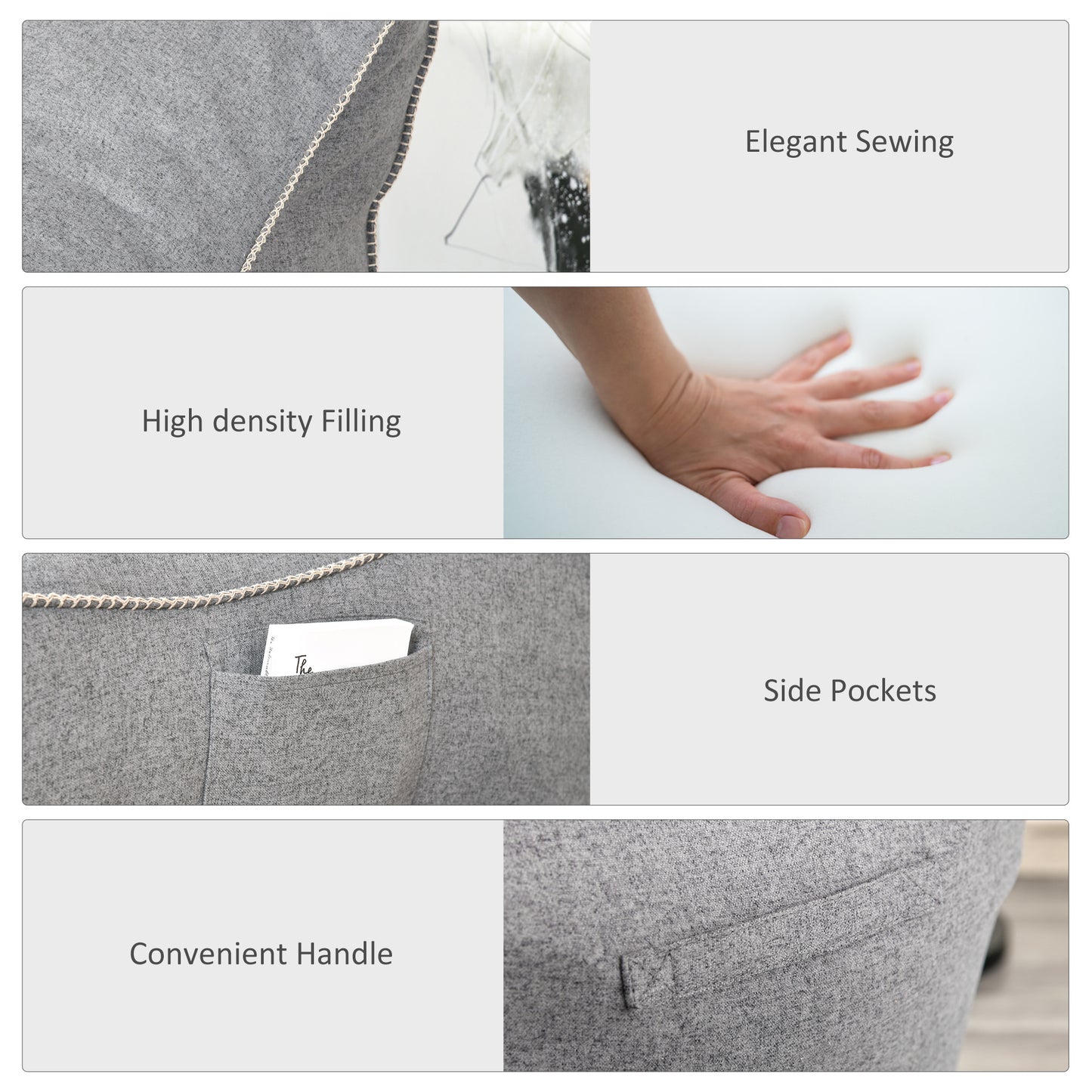 Bean Bag Chair, Large Foam Stuffed lounger Indoor Furniture with Washable Cover, Side Pockets and Backrest, Dark Grey