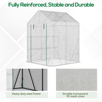 Outsunny Walk-In Greenhouse Portable Gardening Plant Grow House with 2 Tier Shelf, Roll-Up Zippered Door and PE Cover, 143 x 143 x 195 cm