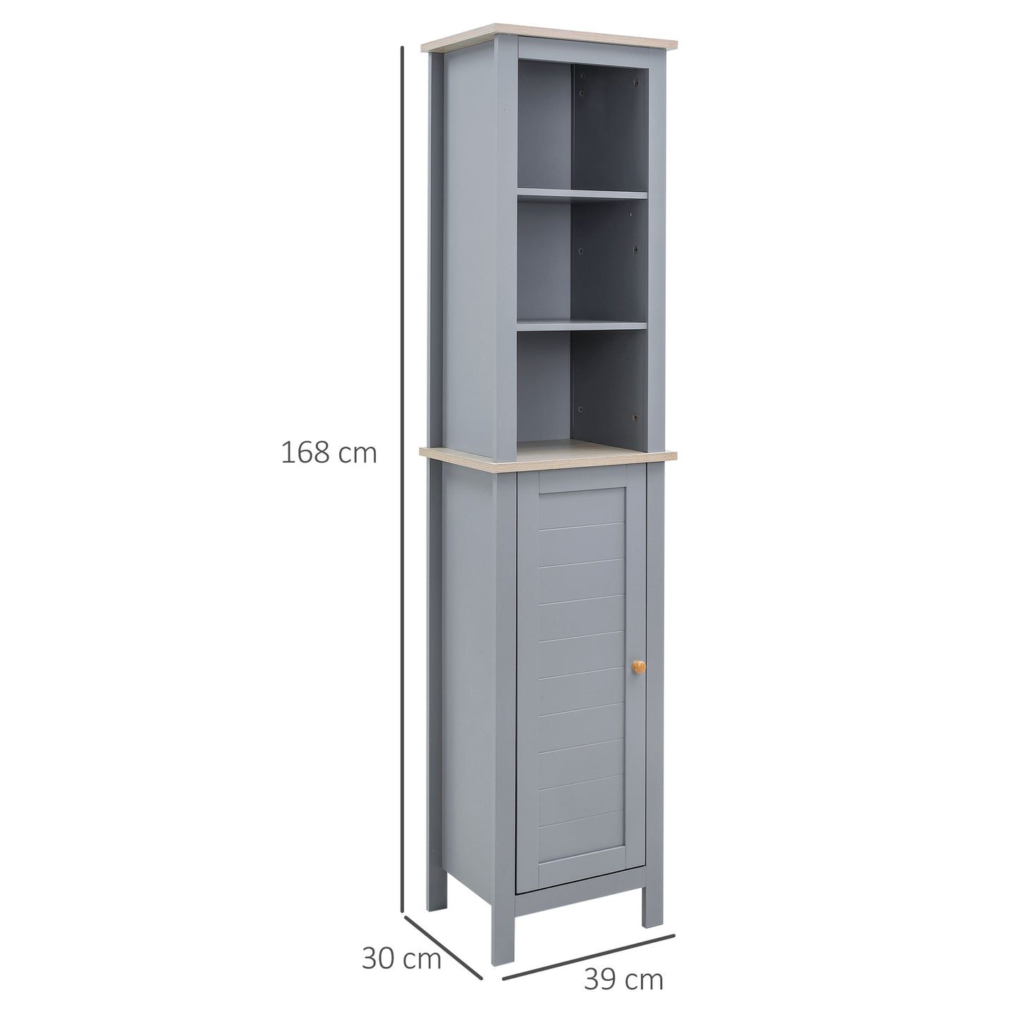 Kleankin Bathroom Floor Storage Cabinet with 3 Tier Shelf and Cupboard with Door, Free Standing Linen Tower, Tall Slim Side Organizer Shelves, Grey