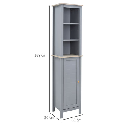 Kleankin Bathroom Floor Storage Cabinet with 3 Tier Shelf and Cupboard with Door, Free Standing Linen Tower, Tall Slim Side Organizer Shelves, Grey