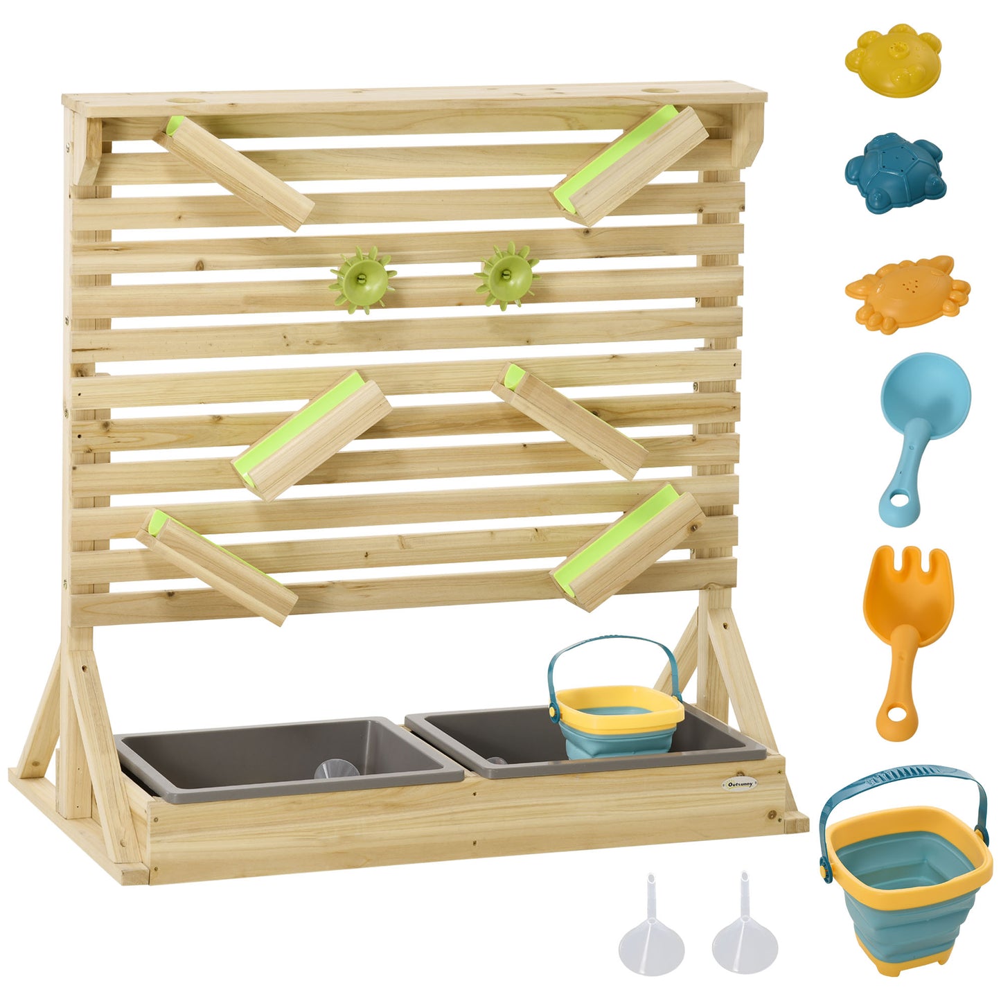 Outsunny Natural Wooden Outdoor Kids Running Water and Sand Playset, with 18 Accessories