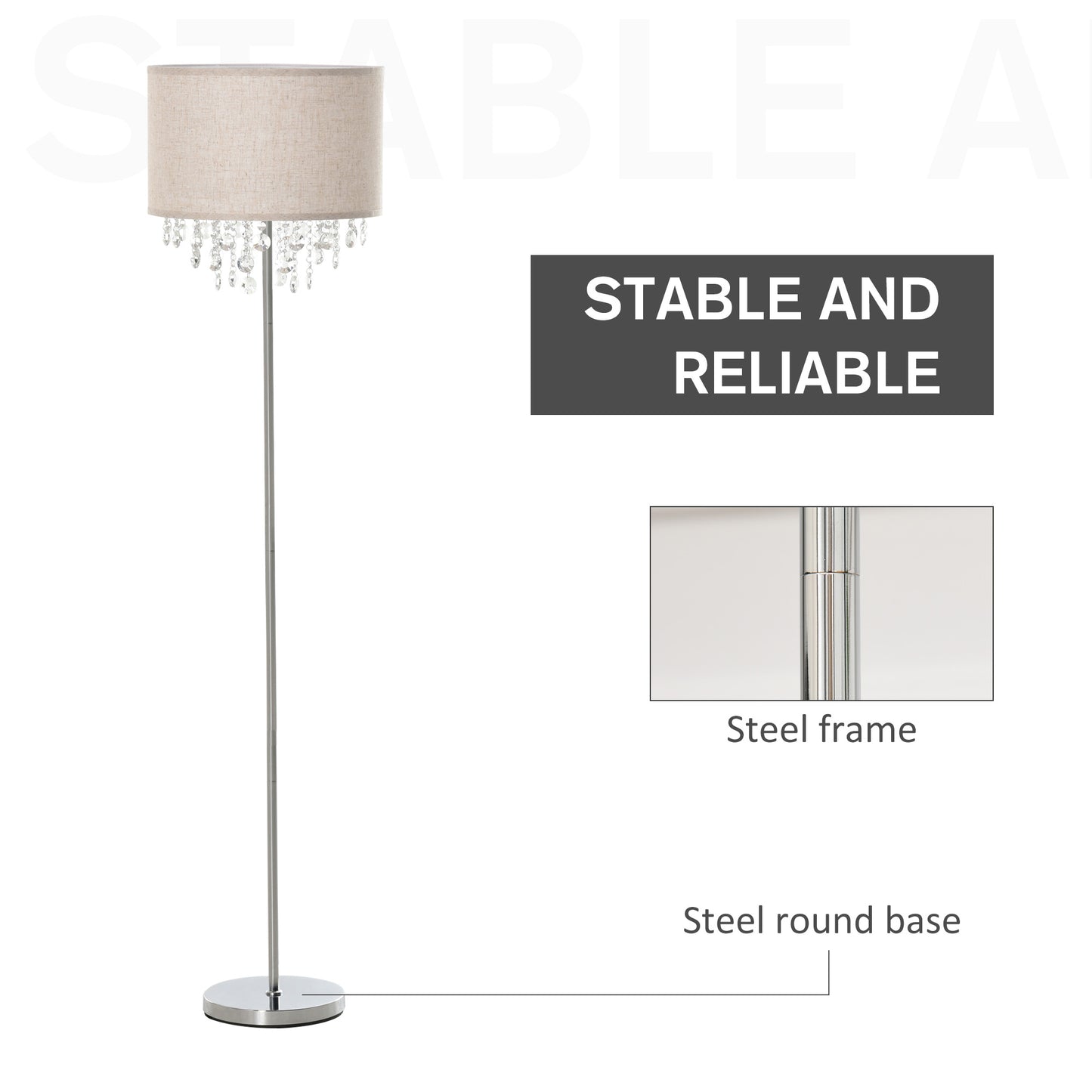 Modern Steel Floor Lamp with Crystal Pendant Fabric Lampshade Floor Switch, Home Style Standing Light, Silver and Cream White