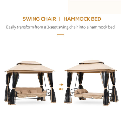 Outsunny 3 Seater Swing Chair 3-in-1 Convertible Hammock Bed Gazebo Patio Bench Outdoor with Double Tier Canopy, Cushioned Seat, Mesh Sidewalls, Beige