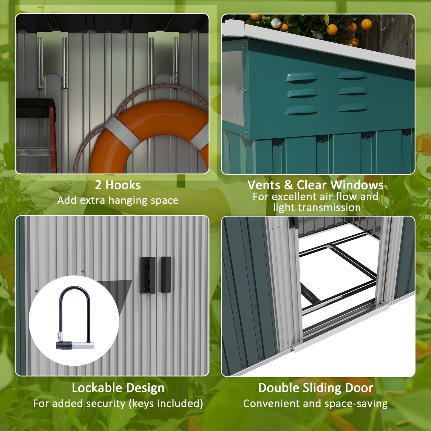 Outsunny 6.5 x 4FT Galvanised Metal Shed with Foundation, Lockable Tool Garden Shed with Double Sliding Doors and 2 Vents, Green