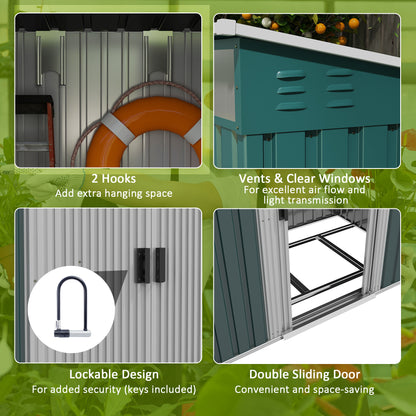 Outsunny 6.5 x 4FT Galvanised Metal Shed with Foundation, Lockable Tool Garden Shed with Double Sliding Doors and 2 Vents, Green