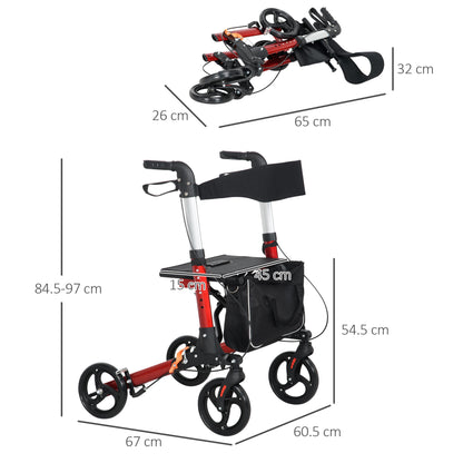 Folding Rollator With Seat & Backrest, Lightweight w/ Adjustable Handle Height, 4 Wheeled Walking Assist - Red