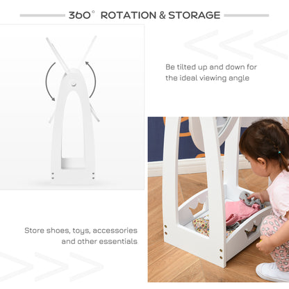 HOMCOM Free Standing Full Length Mirror, Child's Dressing Mirror with storage shelf 360° Rotation MDF, For 3- 8 Years Old, 40L x 30W x 104H cm