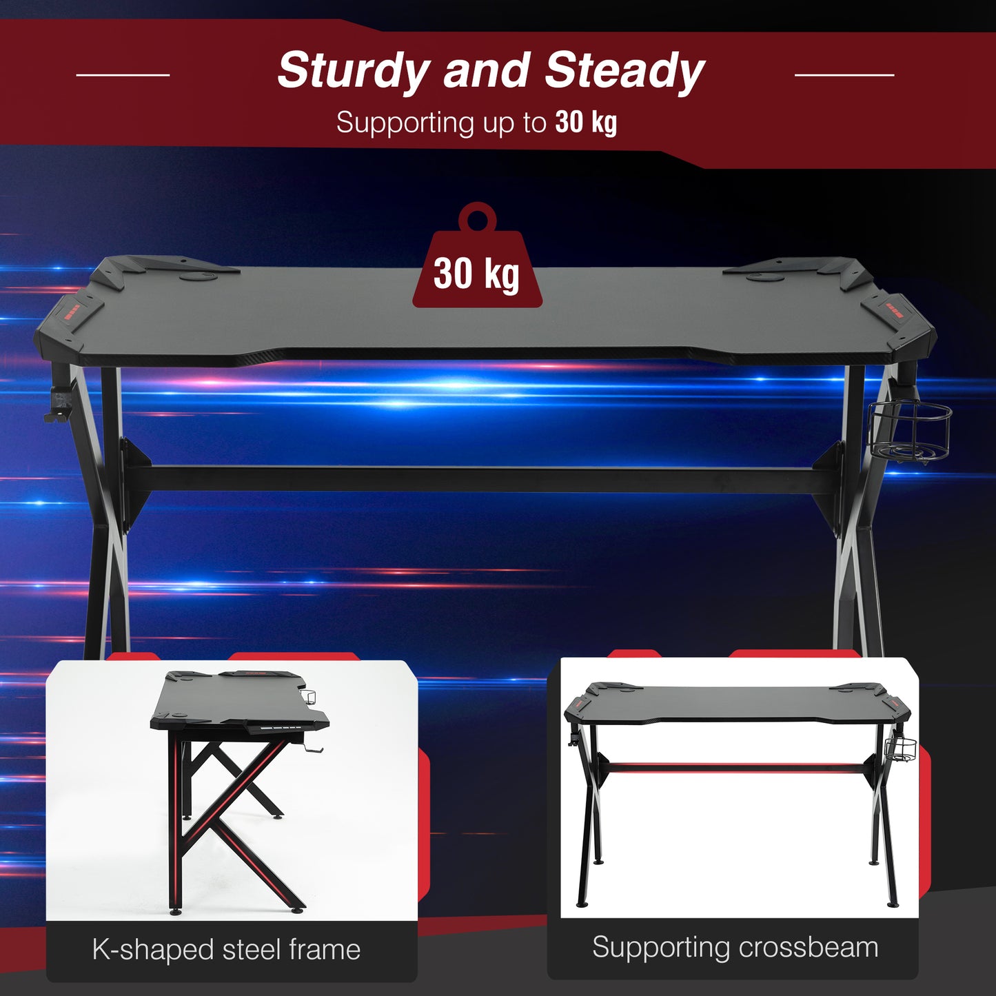 Gaming desk with Cup Holder Headphone Hook Feet Adjustable 120 x 66 x 75cm Black