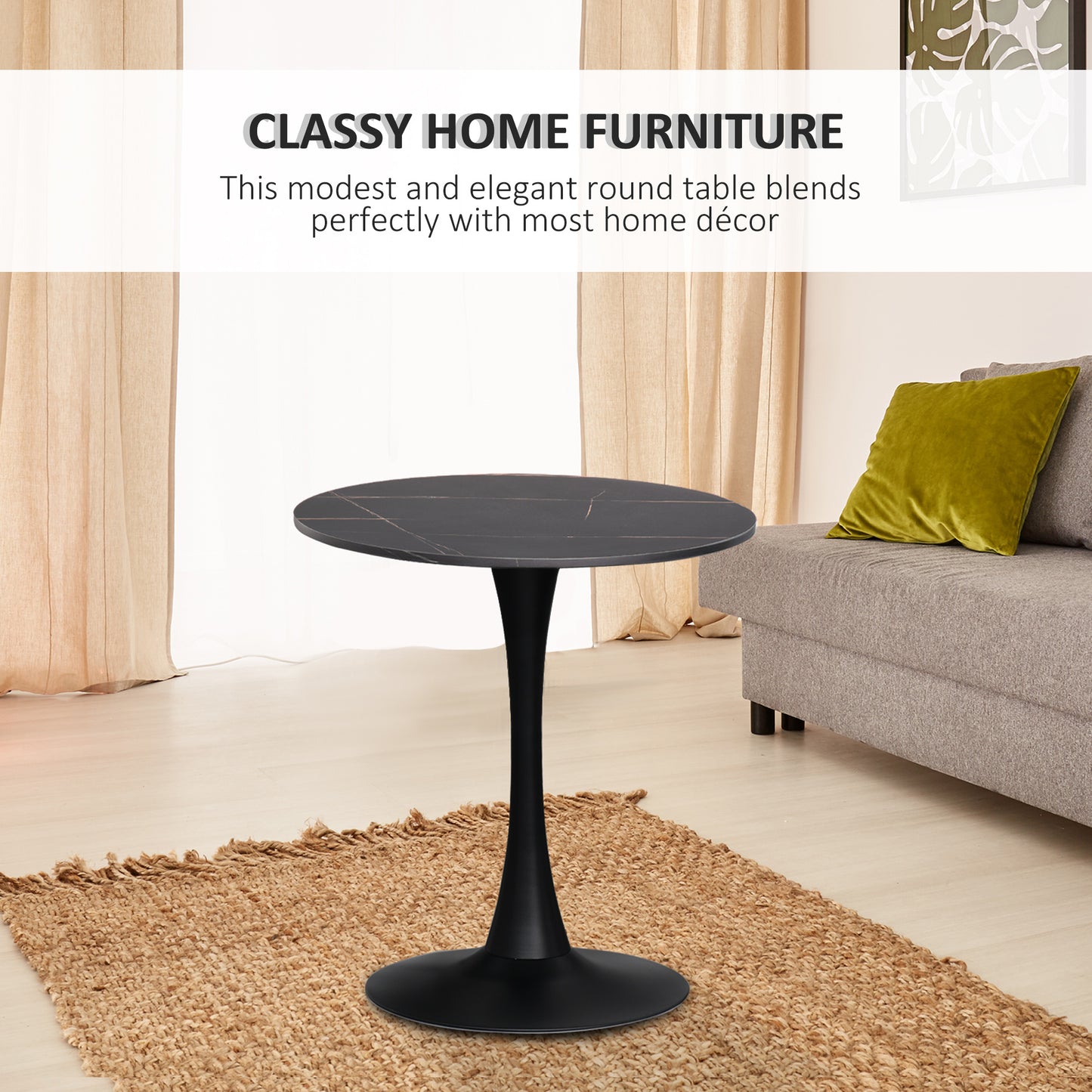 Modern Round Dining Table Leisure Coffee Bistro Table with Metal Base for Kitchen & Dining Room Black