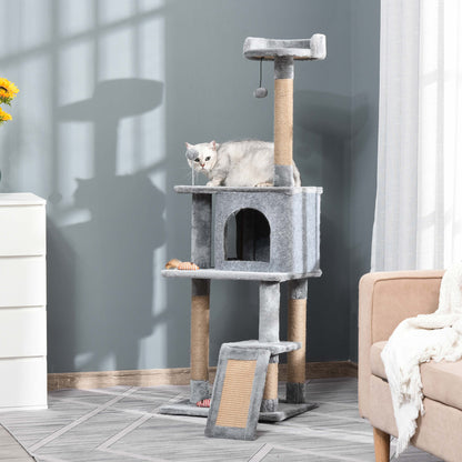 PawHut Cat Tree Tower 142cm Climbing Kitten Activity Centre with Jute Scratching Post  Board Perch Roomy Condo Removable Felt Hanging Toy, Grey