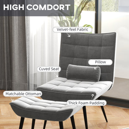 Armless Accent Chair w/ Footstool Set, Modern Tufted Upholstered Lounge Chair w/ Pillow, Steel Legs, Grey
