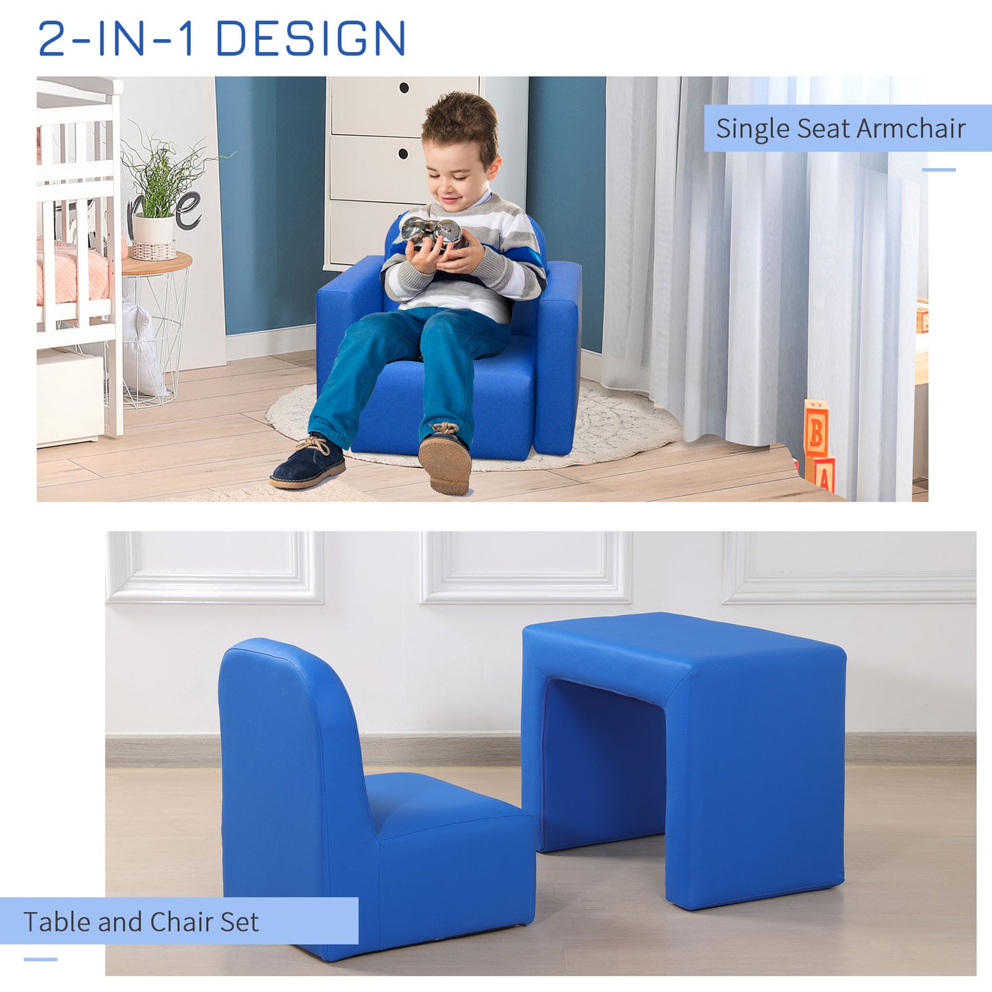 Kids Mini Sofa 3 in 1 Table Chair Set Children Armchair Seat Relax Game Playroom Seater Girl Boys Blue