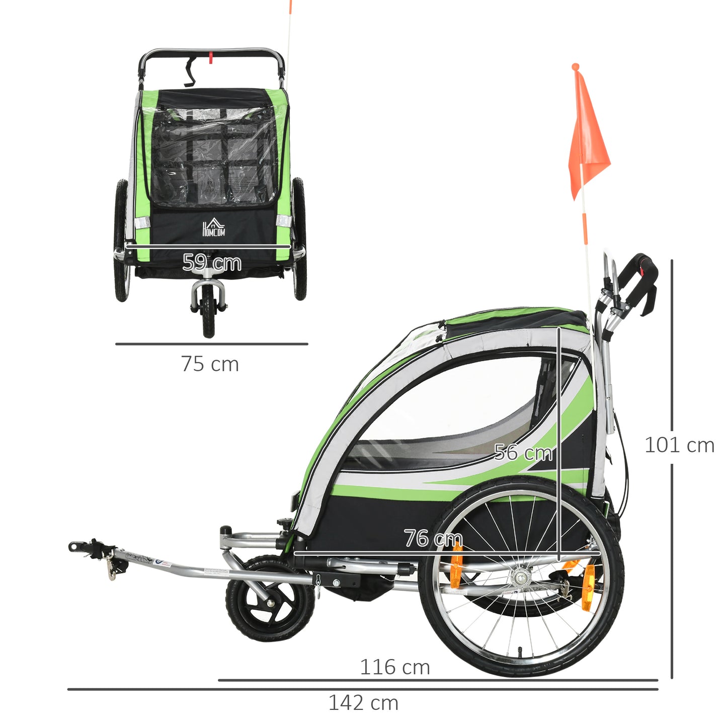 Child Bike Trailer 2 In 1 Baby Stroller 2-Seater Transport Carrier with Hitch Coupler, Brake, 5 Point Harness, Storage Bag, Reflector, Green