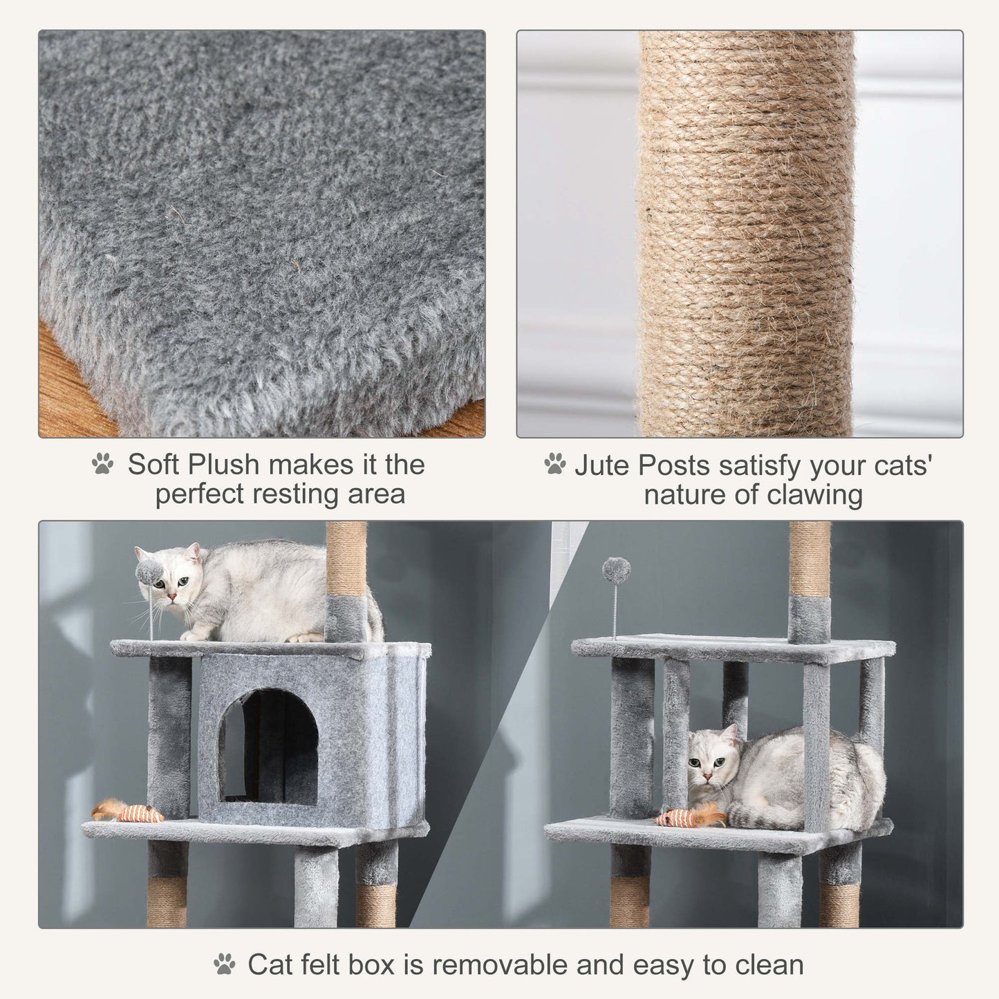 PawHut Cat Tree Tower 142cm Climbing Kitten Activity Centre with Jute Scratching Post  Board Perch Roomy Condo Removable Felt Hanging Toy, Grey