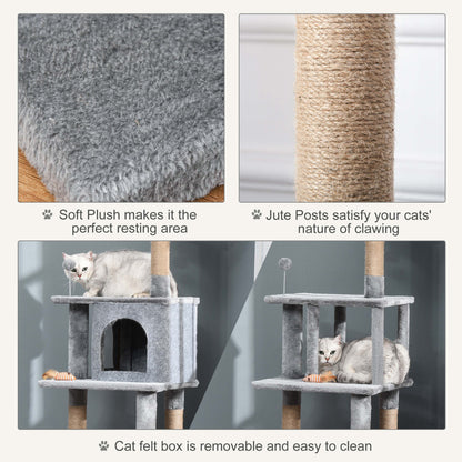 PawHut Cat Tree Tower 142cm Climbing Kitten Activity Centre with Jute Scratching Post  Board Perch Roomy Condo Removable Felt Hanging Toy, Grey