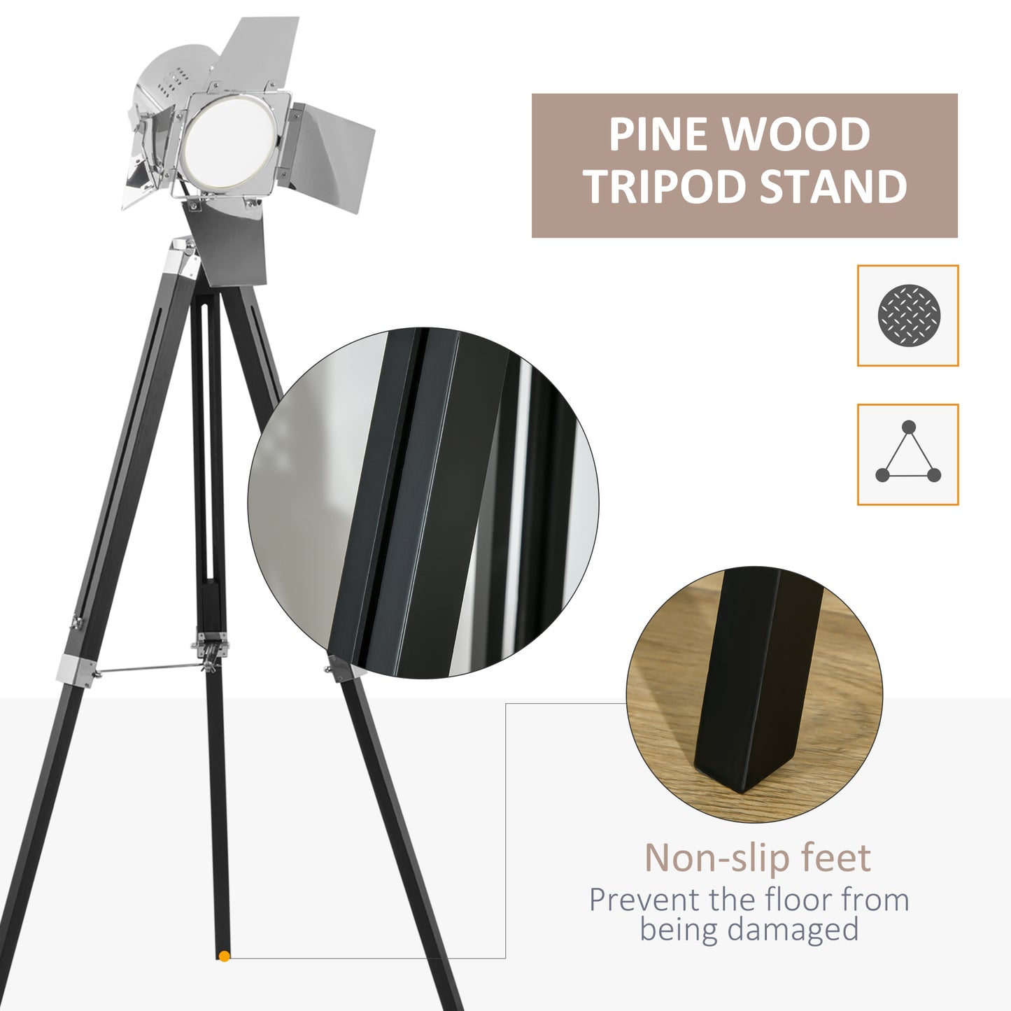 Industrial Tripod Floor Lamp, Nautical Cinema Standing Spotlight with Wood Legs and Adjustable Height for Living, Bedroom, Black and Silver
