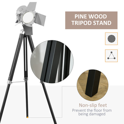 Industrial Tripod Floor Lamp, Nautical Cinema Standing Spotlight with Wood Legs and Adjustable Height for Living, Bedroom, Black and Silver