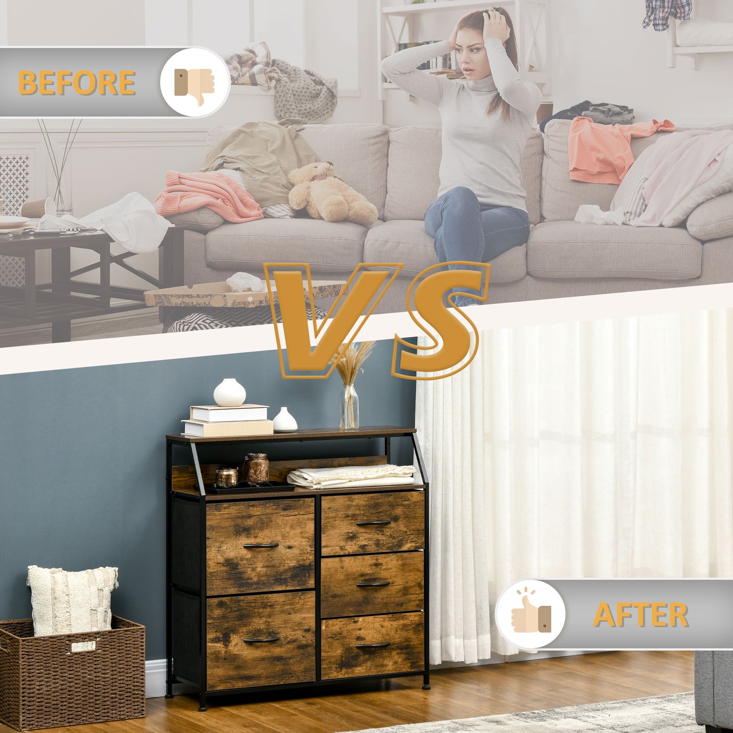 Chest of Drawers For Bedroom Industrial 5 Fabric Drawer Dresser with Open Shelf for Living Room, Rustic Brown