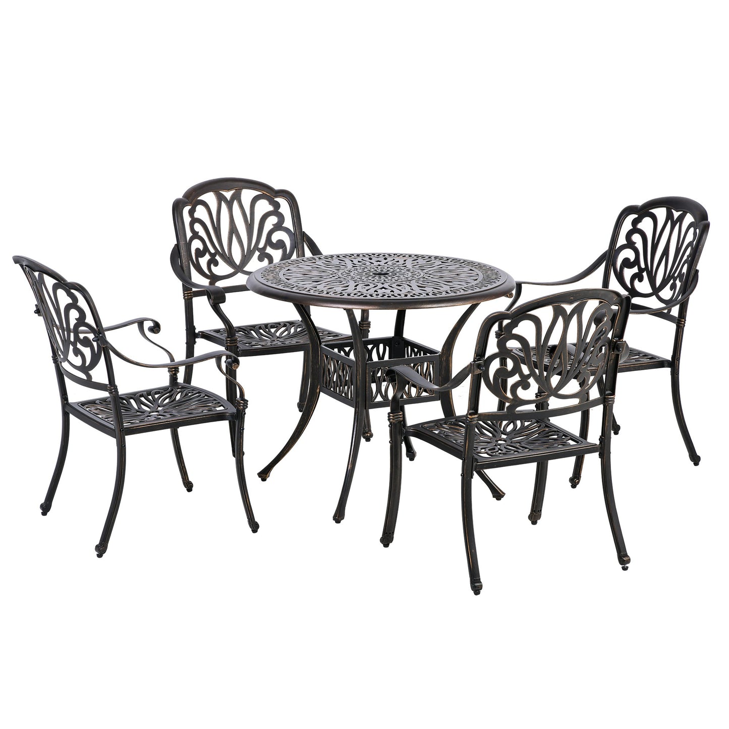 Outsunny 5-Piece Outdoor Furniture Dining Set, Cast Aluminum Conversation Set Includes 4 Chairs, 1 Round Table with Umbrella Hole for Patio Garden