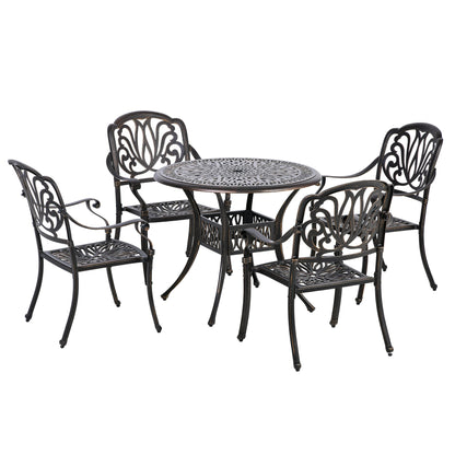 Outsunny 5-Piece Outdoor Furniture Dining Set, Cast Aluminum Conversation Set Includes 4 Chairs, 1 Round Table with Umbrella Hole for Patio Garden