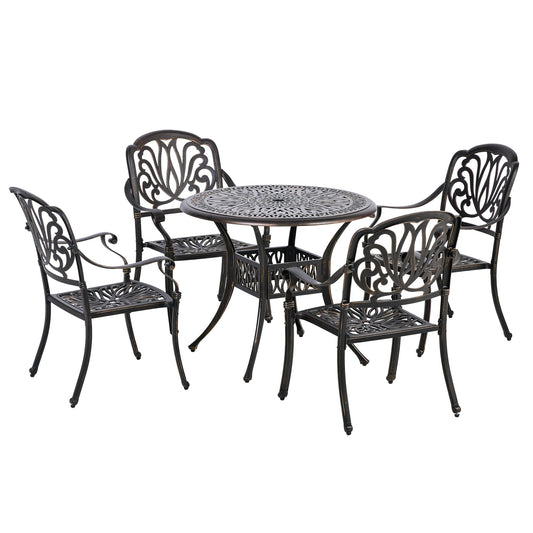 Outsunny 5-Piece Outdoor Furniture Dining Set, Cast Aluminum Conversation Set Includes 4 Chairs, 1 Round Table with Umbrella Hole for Patio Garden