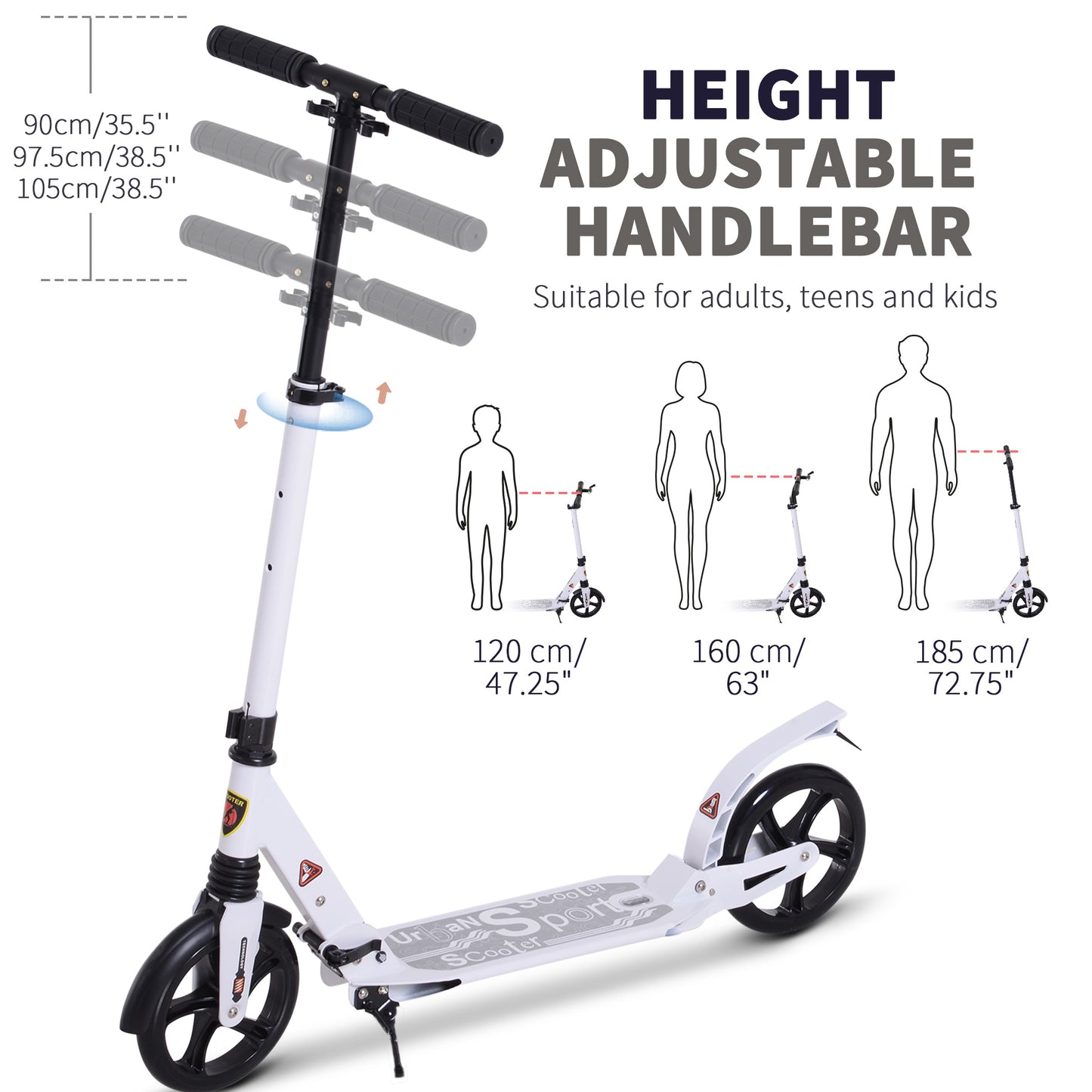 Folding Kick Scooter 2 Big Wheels Teens Adult  14+ Adjustable Ride On White / Black