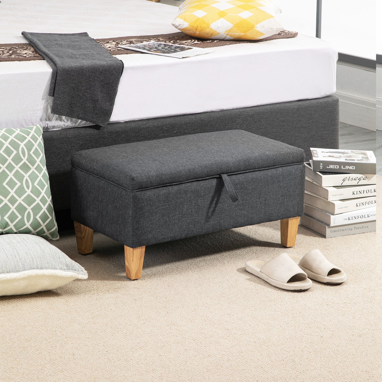 Linen Storage Ottoman Padded Footstool with Rubberwood Legs Ideal for Bed End, Shoe Bench, Seating, Dark Grey