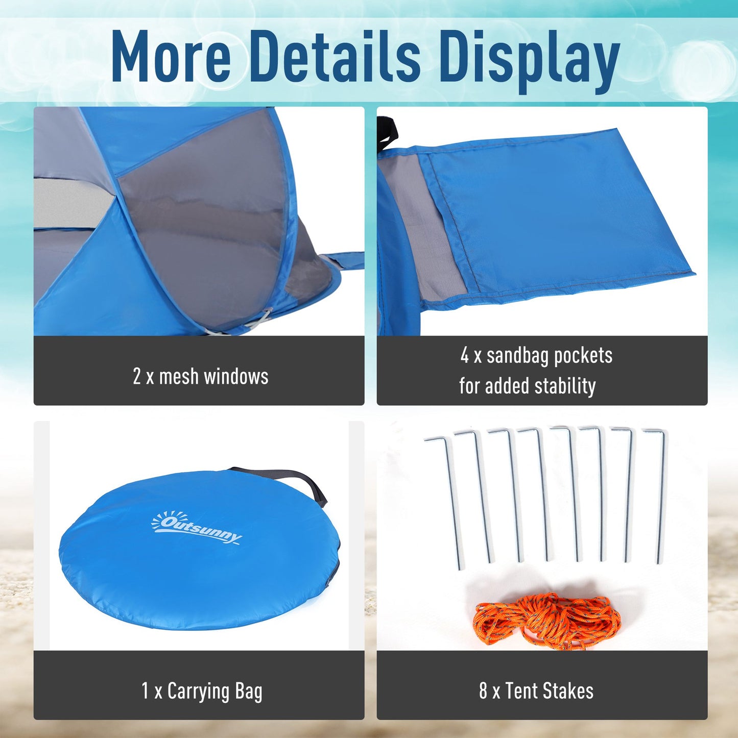 Outsunny 1-2 Person Pop up Tent Beach Tent Hiking UV 30+ Protection Patio Sun Shelter Portable Automatic - Blue
