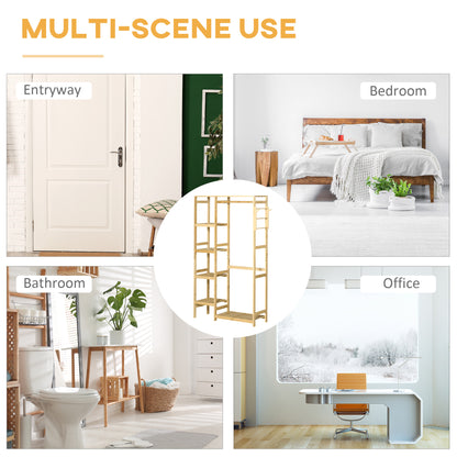 Bamboo Garment Rack, Clothes Rack with Storage Shelf, Hanging Rail and Side Hooks for Entryway, Bedroom, Bathroom and Office, Natural