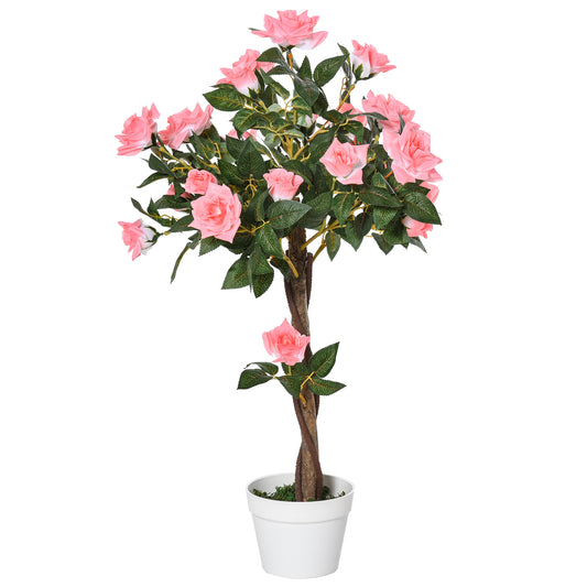 Outsunny Set of 2 Artificial Plants Pink Rose Floral in Pot, Fake Plants for Home Indoor Outdoor Decor, 90cm
