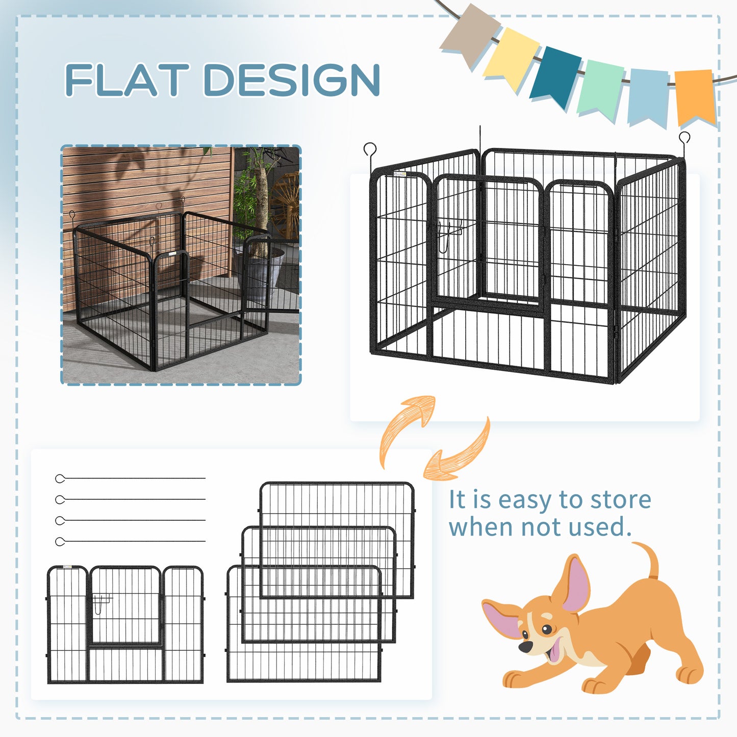 Pet Playpen | 4 Heavy-Duty Metal Panels | Lockable Step-Through Door | Ground Stakes | Foldable | Indoor & Outdoor | 82 x 82 x 60cm | Grey