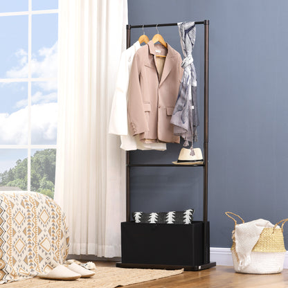 Clothes Rail, Bamboo Coat Stand, Garment Rack with Open Shelves and Fabric Storage Box for Bedroom, Hallway, Dark Walnut