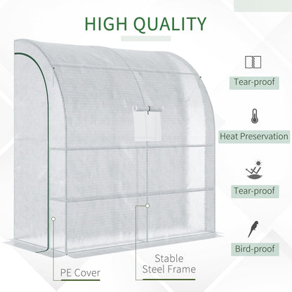 Outsunny Walk-In Lean to Polytunnel Greenhouse with Windows and Doors 2 Tiers 4 Wired Shelves 200L x 100W x 215Hcm White