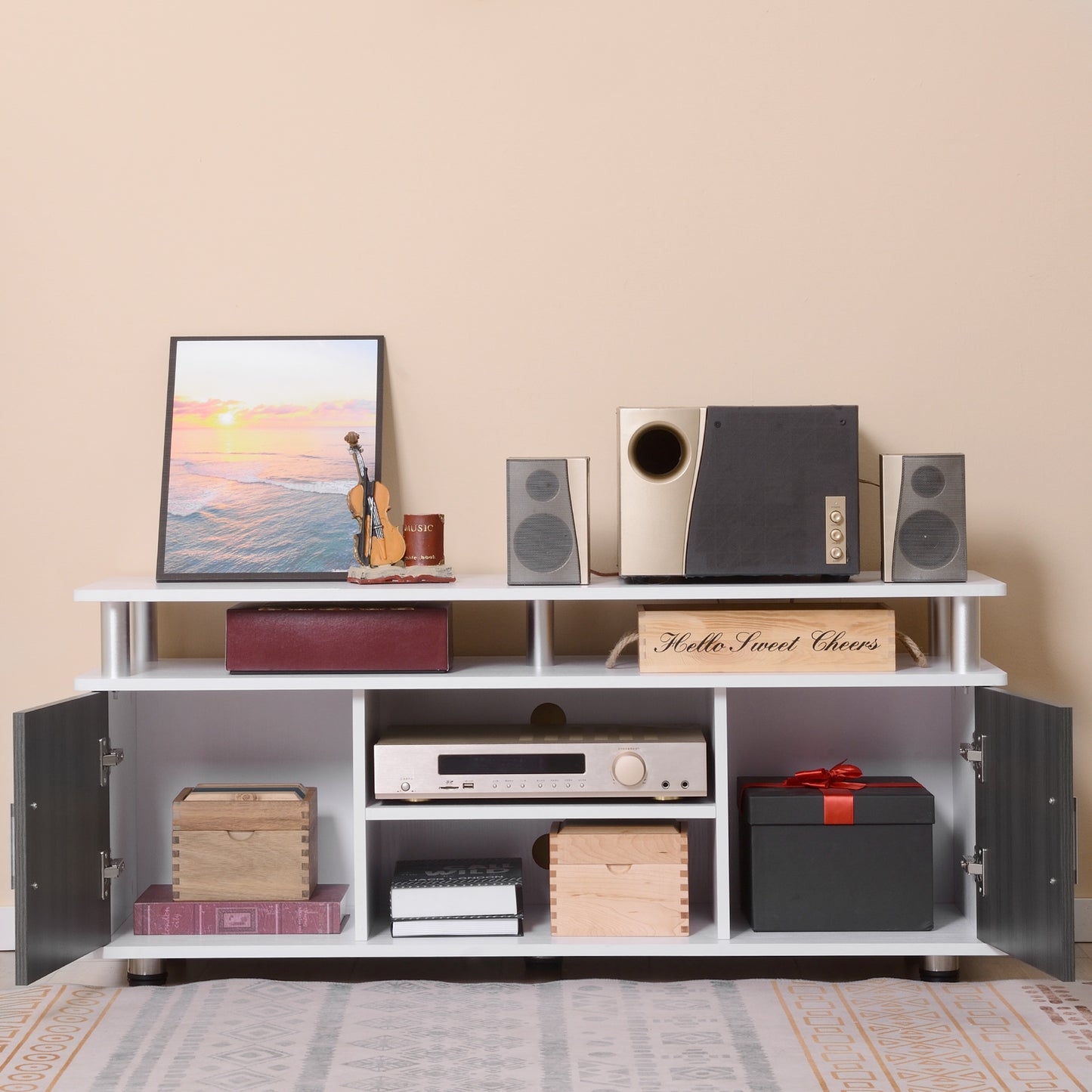 TV Cabinet Unit for TVs up to 55'' with Storage Shelf and Cupboards, Living Room Entertainment Center Media Console, Grey and White