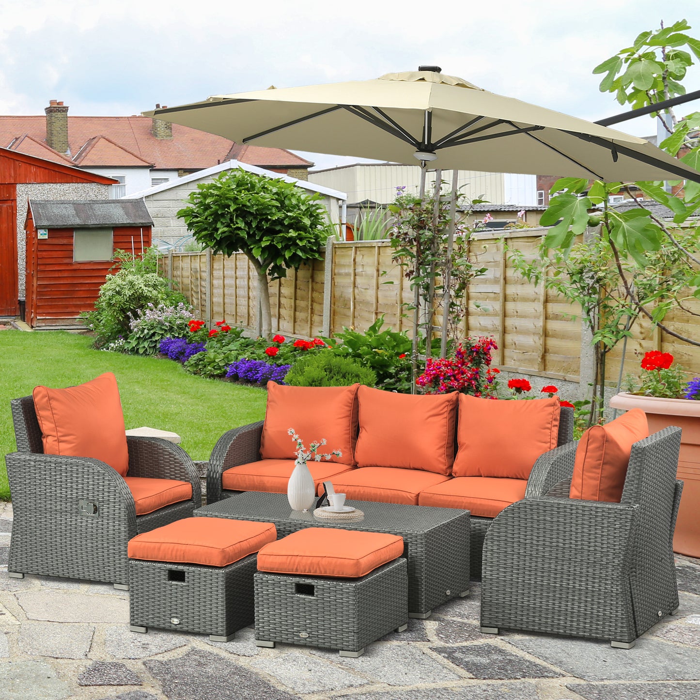 Outsunny 6 Piece Outdoor Rattan Wicker Furniture Set with 3-Seat Sofa, 2 Single Sofas, 2 Footstools and Coffee Table