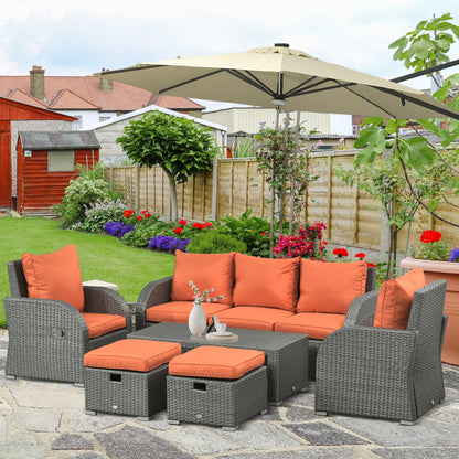 Outsunny 6 Piece Outdoor Rattan Wicker Furniture Set with 3-Seat Sofa, 2 Single Sofas, 2 Footstools and Coffee Table