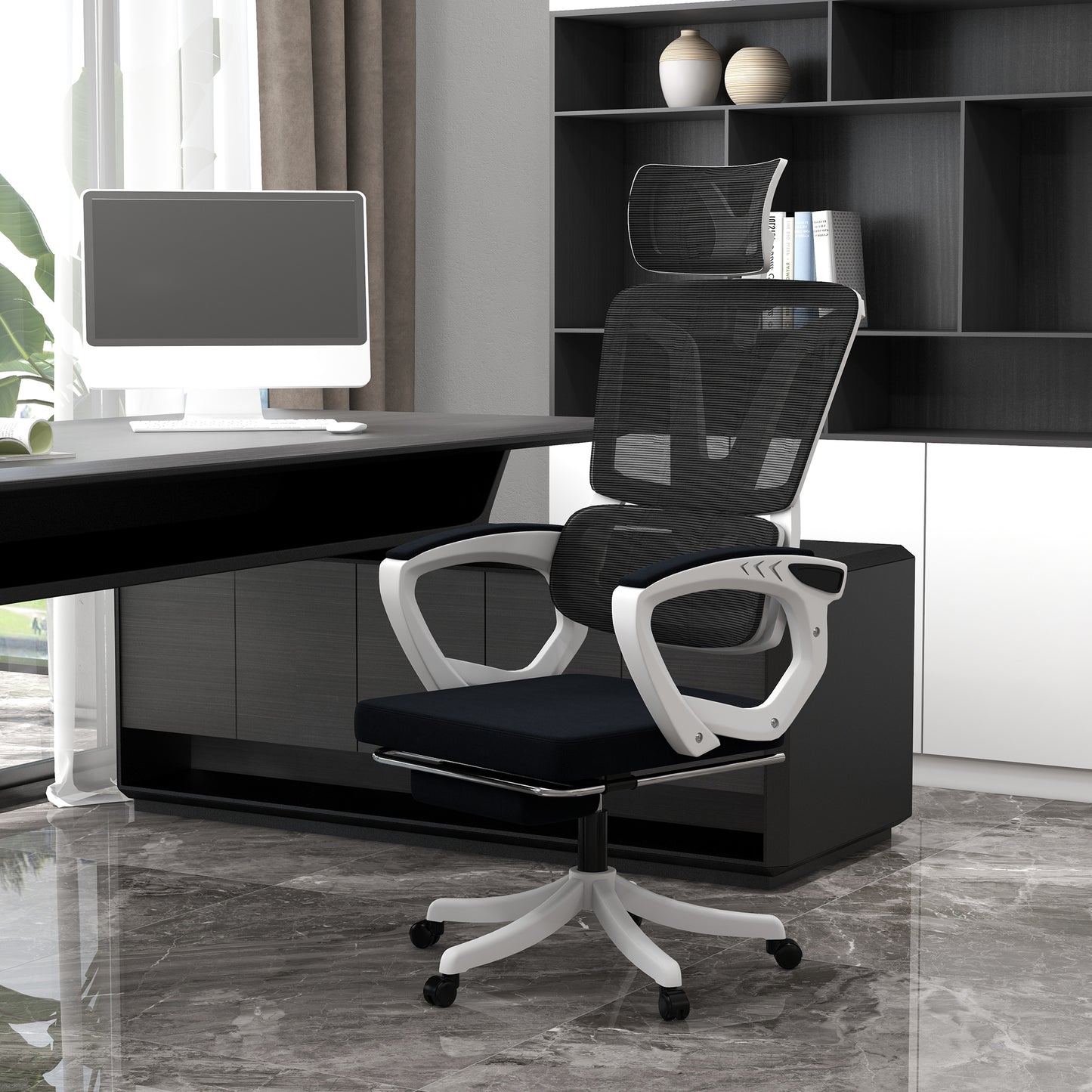 Reclining Office Chair | 3 Position 100–130° Recline | Adjustable Headrest | Lumbar Support | Retractable Footrest | Linen-Look Padded | 44-52cm Seat Height | 120kg | Black