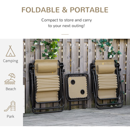 Outsunny 3 Piece Folding Zero Gravity Chairs Sun Lounger Table Set w/ Cup Holders Reclining Garden Yard Pool, Beige