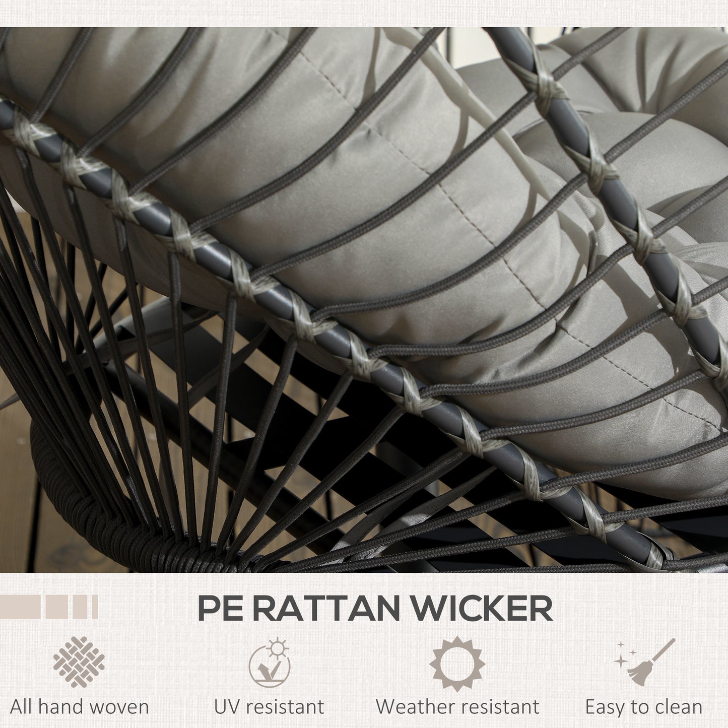 Outsunny Outdoor PE Rattan Swing Chair With Thick Padded Cushion, Foldable Basket Patio Hanging With Metal Stand - Light Grey