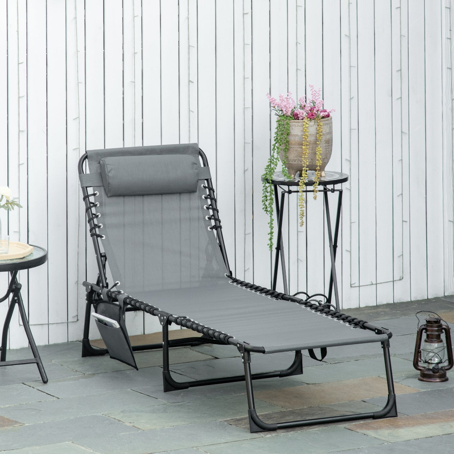 Outsunny Portable Sun Lounger, Folding , Reclining Lounge Chair 5-position Adjustable Backrest with Pillow for Patio Beach Pool, Grey