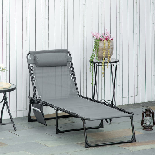 Outsunny Portable Sun Lounger, Folding , Reclining Lounge Chair 5-position Adjustable Backrest with Pillow for Patio Beach Pool, Grey