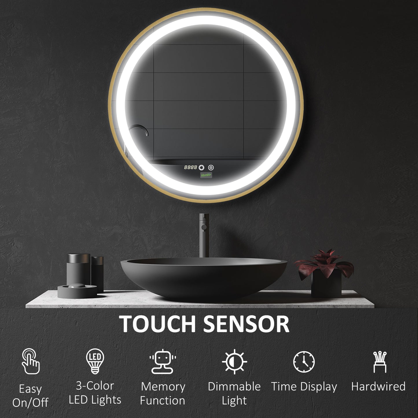 Kleankin Round Illuminated Bathroom Mirrors Dimmable LED Lighted Wall Mount Mirror w/ 3 Colours, Time Display, Memory Function, 60cm